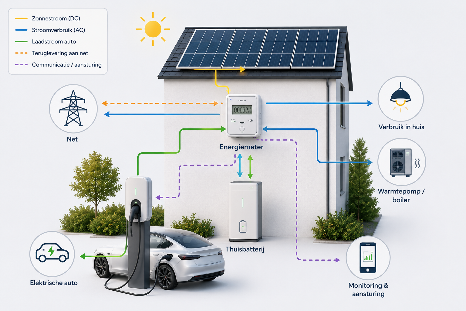 Energiestromen tussen zonnepanelen, woning en laadpaal