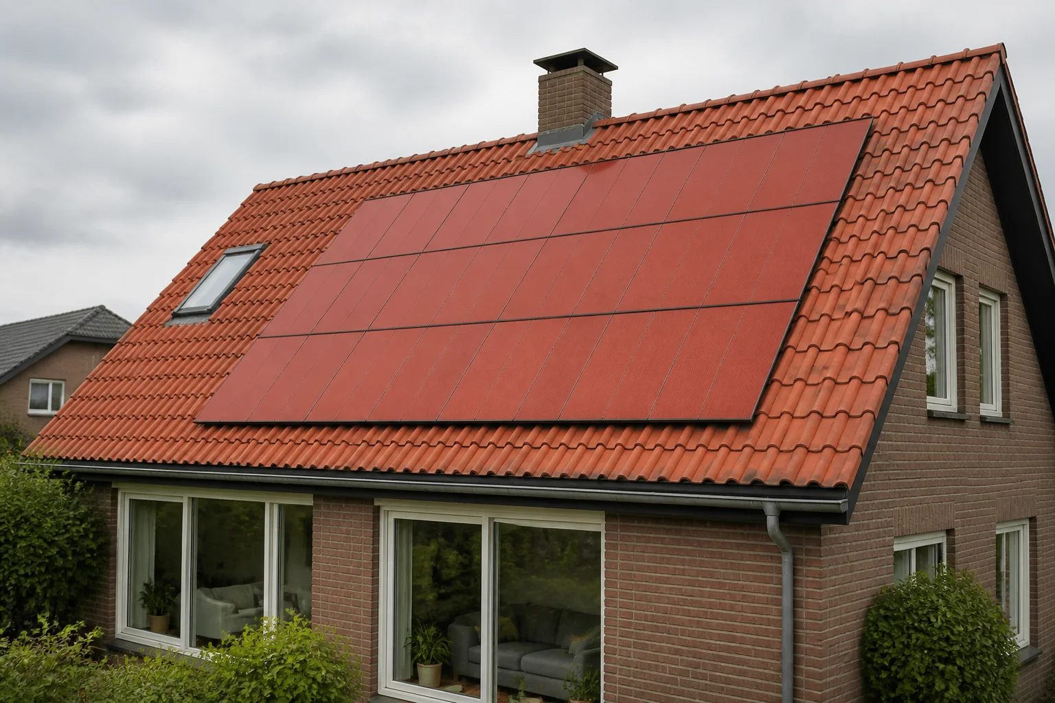 Illustratie van rode zonnepanelen op een rood pannendak
