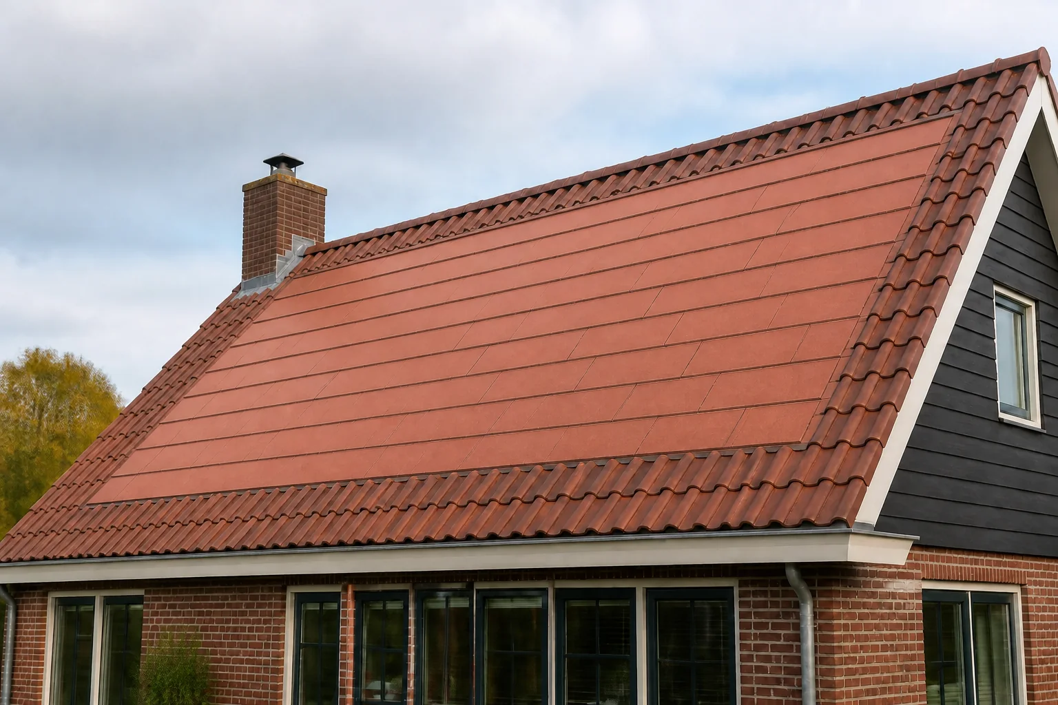 Illustratie van rode zonnepannen die vlak in een rood pannendak zijn geïntegreerd